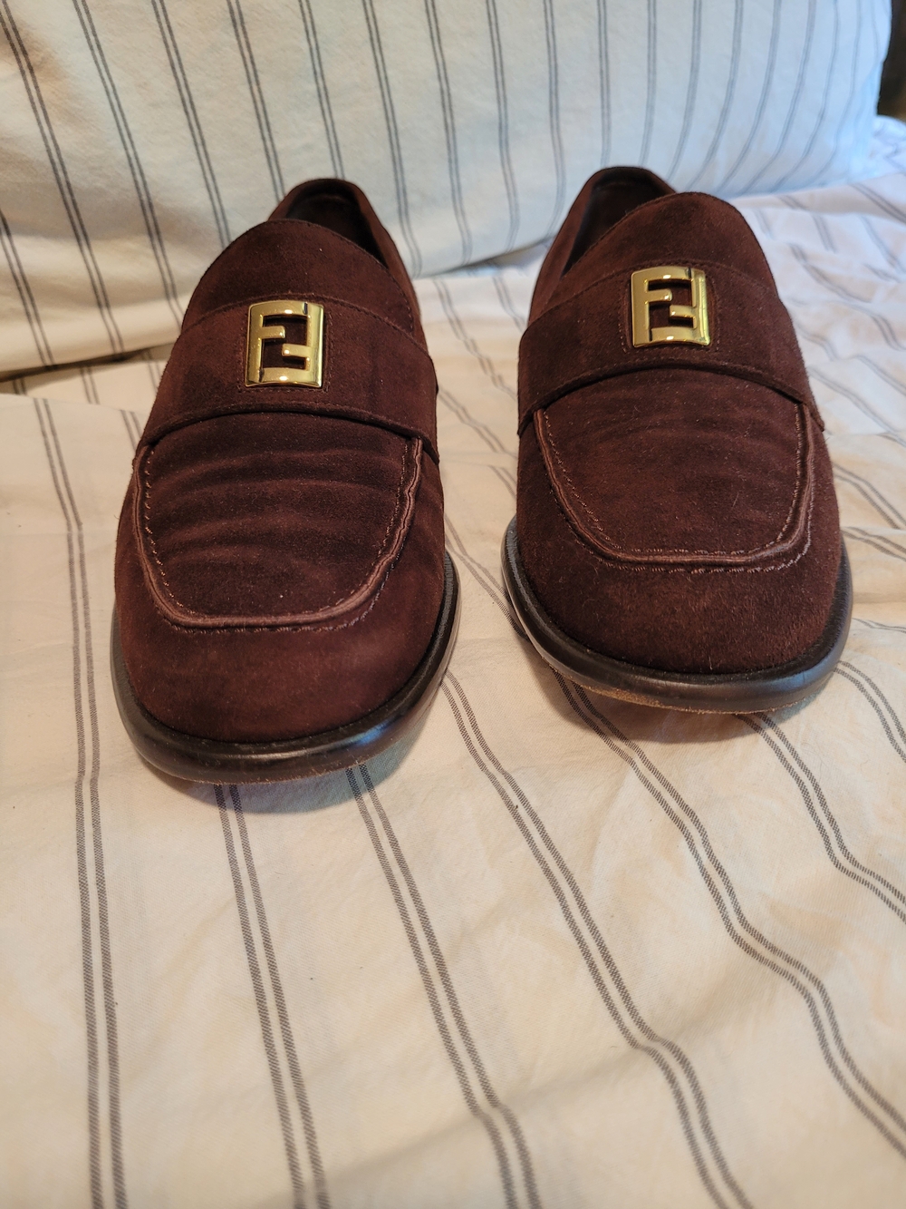 Fendi Womans Chocolate Brown Suede Loafers with Gold F Logo